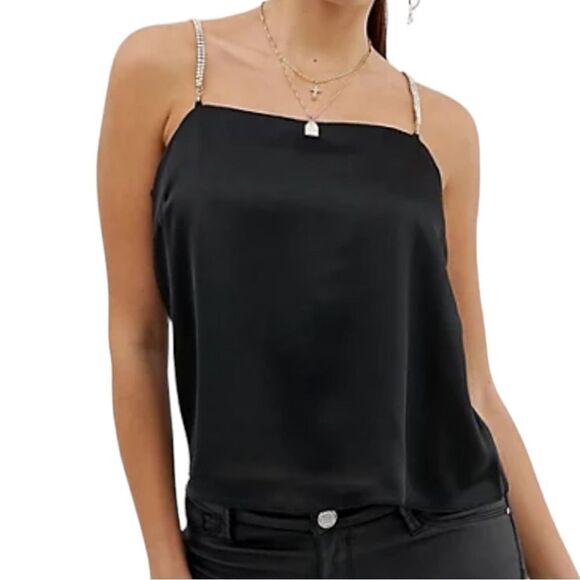 NWT AQUA Rhinestone Adjustable Spaghetti Strap Black Camisole Top XS - Picture 1 of 10